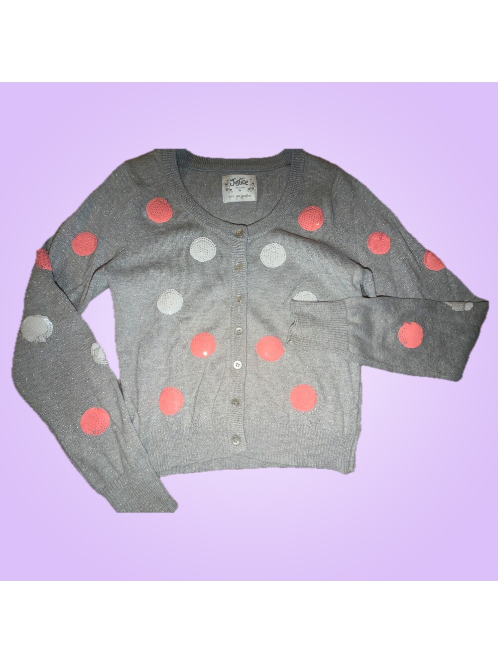 Justice Girls Size 14 Gray Sparkly Sequin Polka Dot Button Cardigan